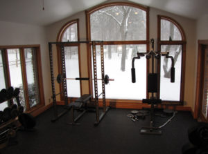 Home Gym with Rubber rolled flooring to protect floors